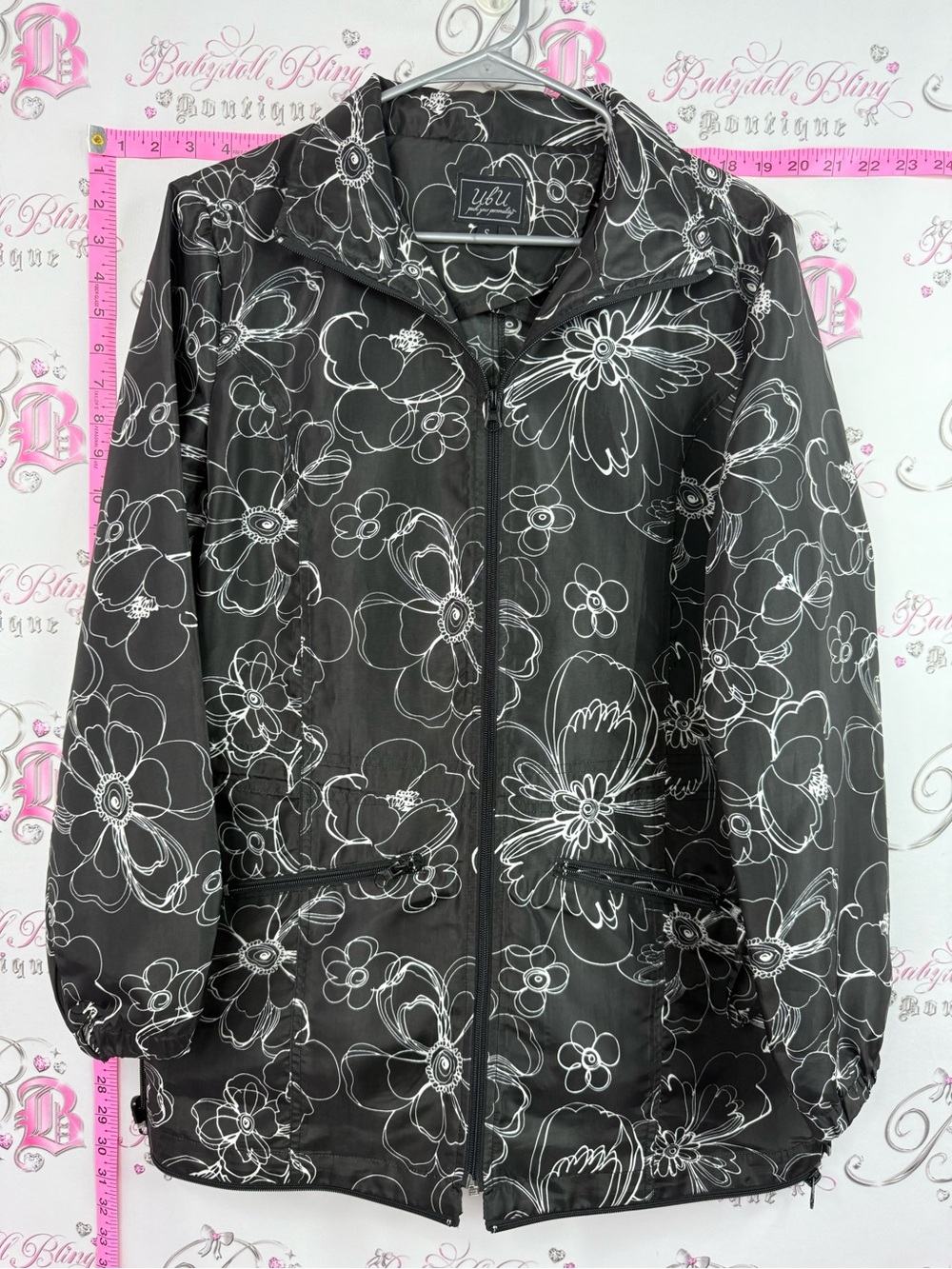 Ulu coat jacket line work flowers Black Jacket with White Floral Outline